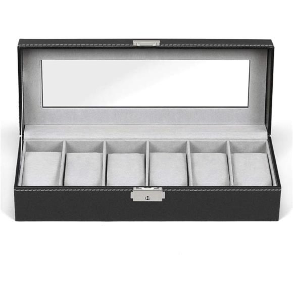 6 Slots Watch Box Organizer for Men, Black Watch Stand Display Storage Case - Picture 6 of 7